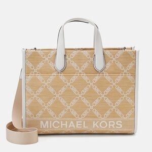 Michael Kors Tan and White Tote Bag with Iconic Logo